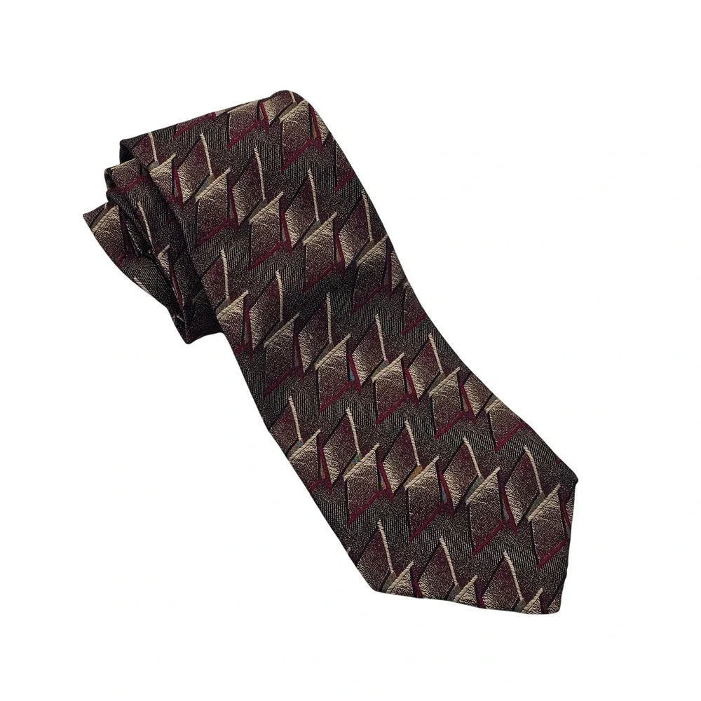 Stefano Milano Silk Tie Burgundy Pewter Geometric Art Deco Italian Hand Made‎